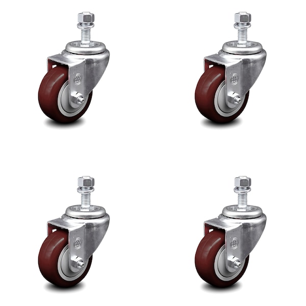 3 Inch Maroon Polyurethane Wheel Swivel 12mm Threaded Stem Caster Set SCC